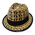 Hand Woven Ethnic Pattern Paper Straw Fedora Hat, Grosgrain Band with Cross Piece